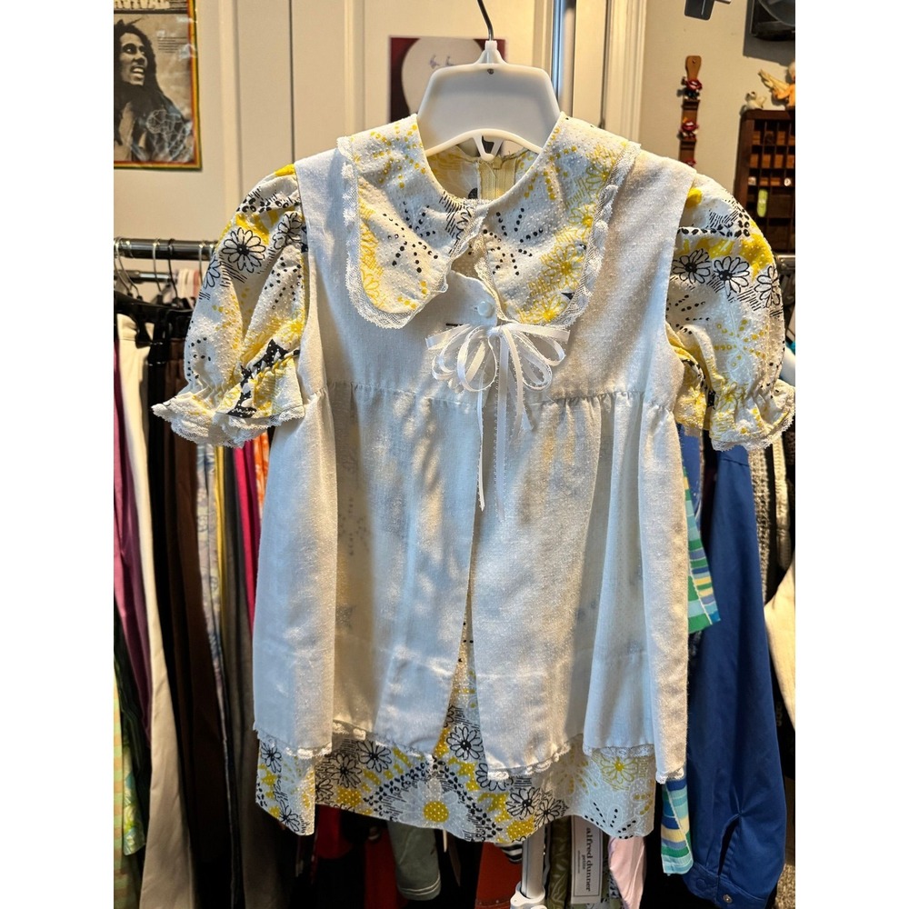 Vintage Handmade Girls Floral‎ Daisy Dress Set White Yellow Lace Pinafore 1970s